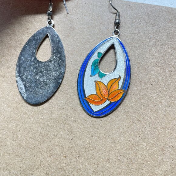 Vintage‎ Cloisonne Earrings Floral Enameled Metal Drop Boho Bohemian Earthy - Picture 4 of 7